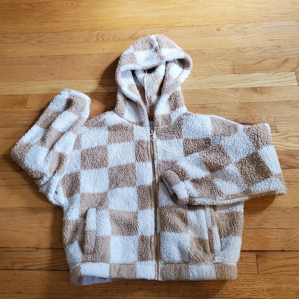 Wild Rose Los Angeles Tan White Checkered Sherpa Full Zip Hoodie Small Cozy Y2K